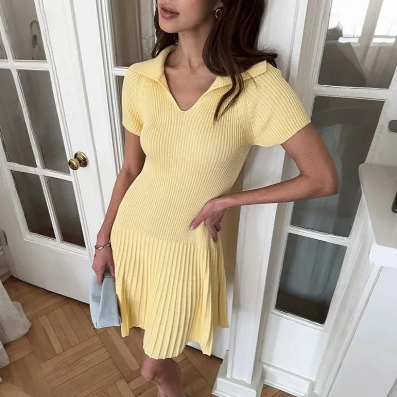 

Ticketsx Fashion V-Neck Knitted Dress Solid New Ruched Patchwork Slim Women's Dress Summer Elegant Commute Streetwear Mini Dress