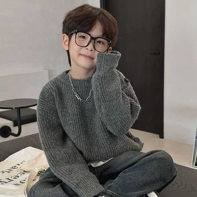 

2025 Winter Thickened Korean Style Boys Sweater Thickened Knit Hooded Toddler Boy Warm Stylish Versatile Winter Coat