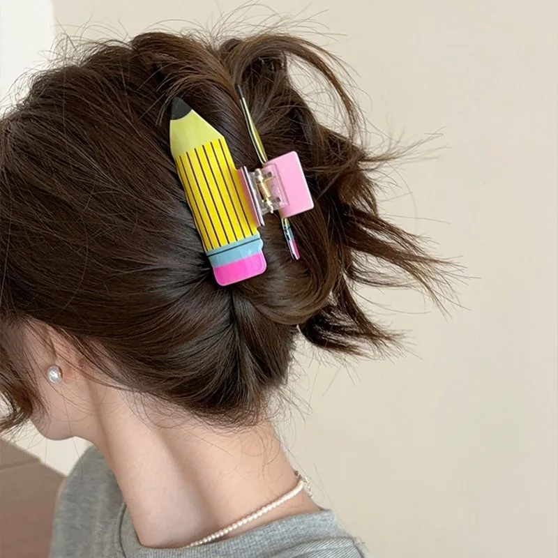 Cute Large Acrylic Pencil Design Hair Claw Clips for Women Girls Accessories Cartoon Sunflower Smile Ponytail Hairgrip