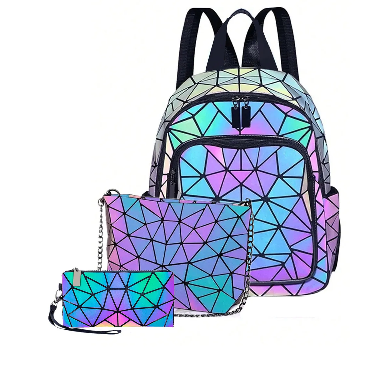 Fashion Women's luminous Backpack PVC holographic geometric School Bags For Teenage Girls Bagpack mochila feminina Travel Should