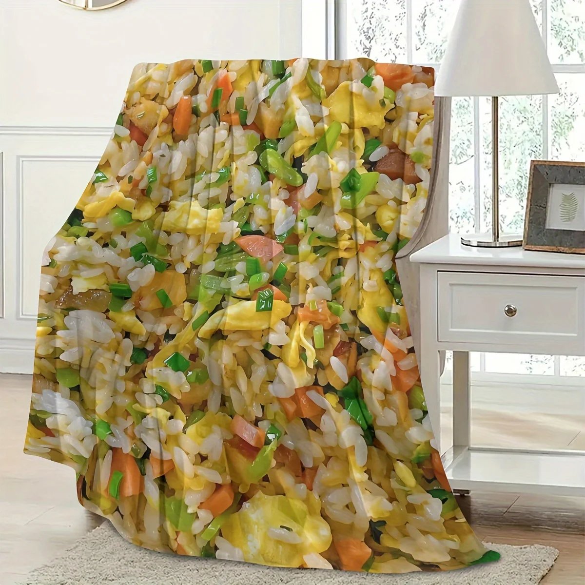 Customize 1pc Fun Fried Rice Flannel Blanket, Soft & Cozy Multi-Purpose Throw with Vibrant Rice & Vegetable Design, 100% Polyest