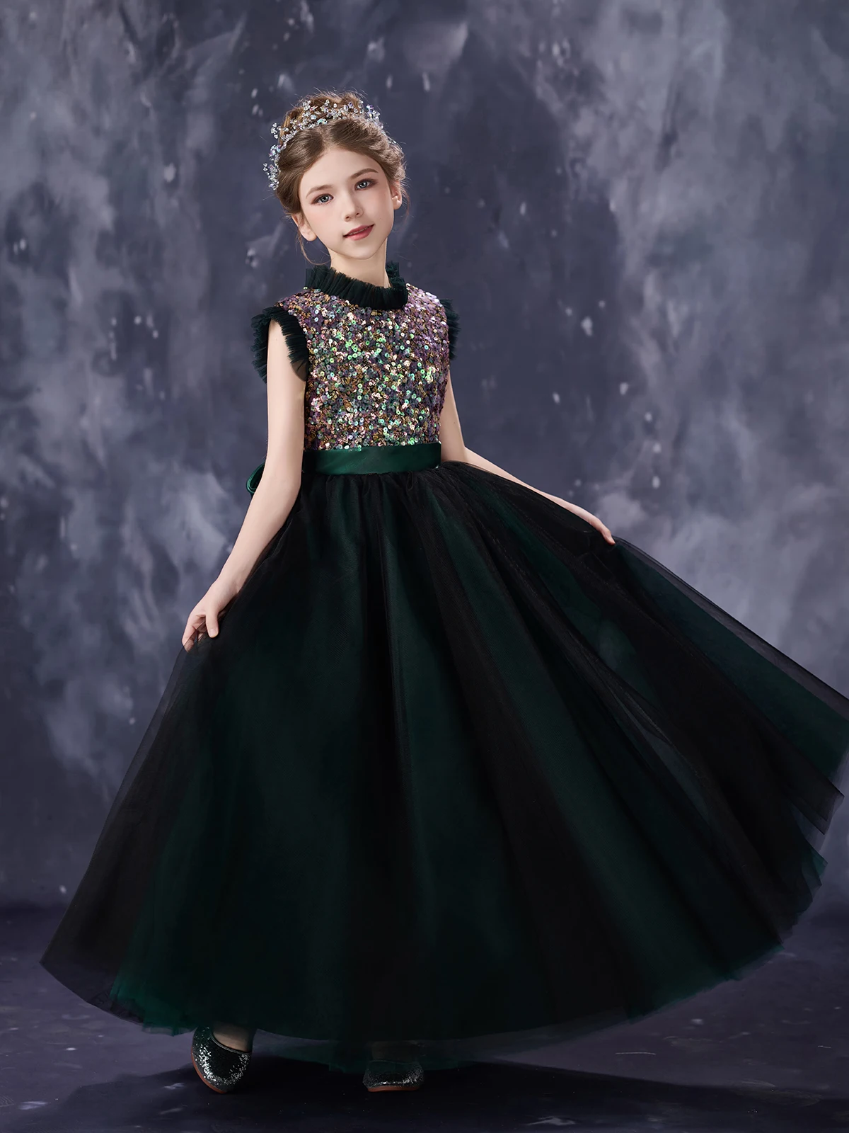 Girls Dark Green Sequined Tulle Ball Gown Sleeveless Formal Evening Dress for Kids  Princess Pageant Party Wedding Flower Girl