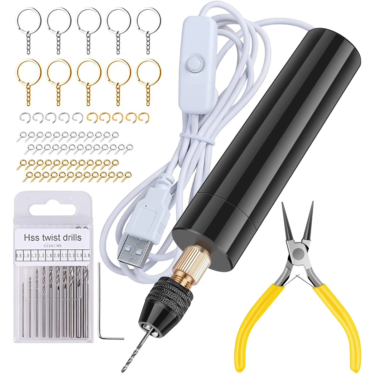 USB Electric Drill Pen With Small Drill Bits Resin Mini Hand Drill Set with Keychain Screw Eye Pins For Jewelry Keychain Making