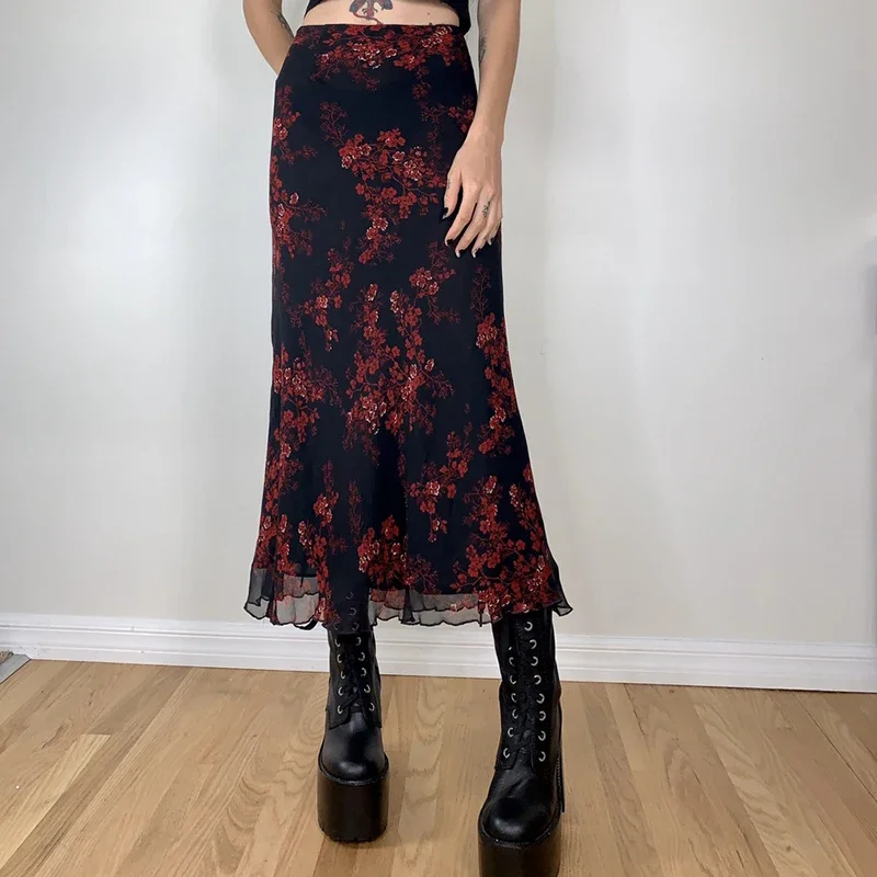 Jupe mi-longue à imprimé floral rétro pour femmes, taille haute, ligne A, batterie, demi-robe, grunge, jupes longues, années 90, streetwear E-Girls, Y2k