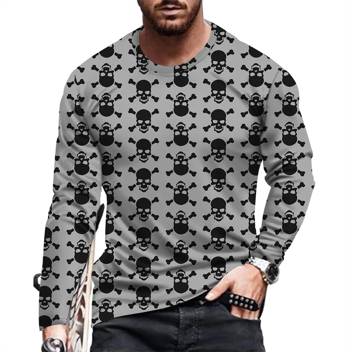 Printed European Size Long Sleeved T-shirt For Men's New Trend Fashion Skull Casual Autumn Round Neck Tees