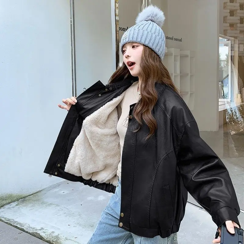 秋冬新作 レディース レザー ジャケット 厚手 ゆったり 防風 PU コットン ジャケット