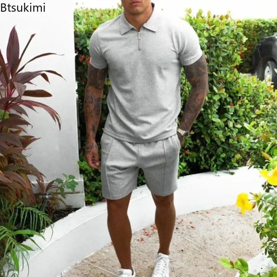 

2025 Men's Summer Casual Sets Solid Simple 2 Piece Sets Short Sleeve Zip Pullovers+Shorts Sets Fitness Jogger Tracksuit for Men