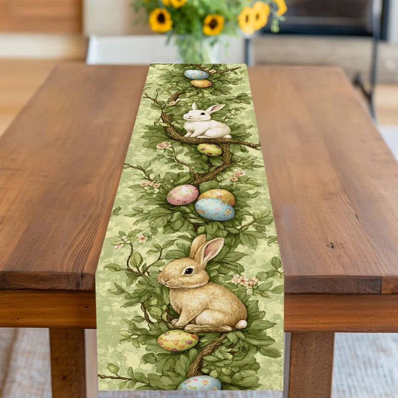 Oster-Tischläufer mit Frühlingsmotiv, Niedliches Hasen-Blumen-Ei-Muster, Ideale Tischdekoration für Zuhause, Party, Picknick & Feiertagsfeier