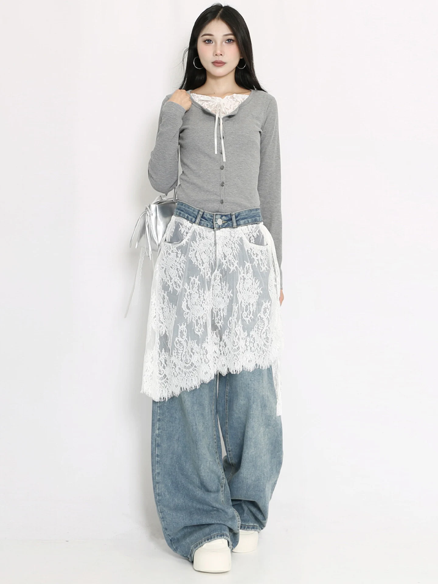 الخريف تصميم الدانتيل الربط واسعة الساق الجينز المرأة فضفاضة مستقيم قطع الجينز عارضة عالية الخصر سستة الأزرق الدنيم النسيج