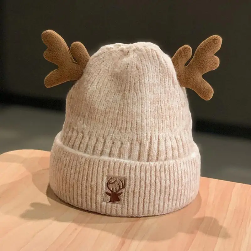 

652F Trendy Knitted Hat Embroidery Deer for Head Beanie Hat Thermal for Morning Worko