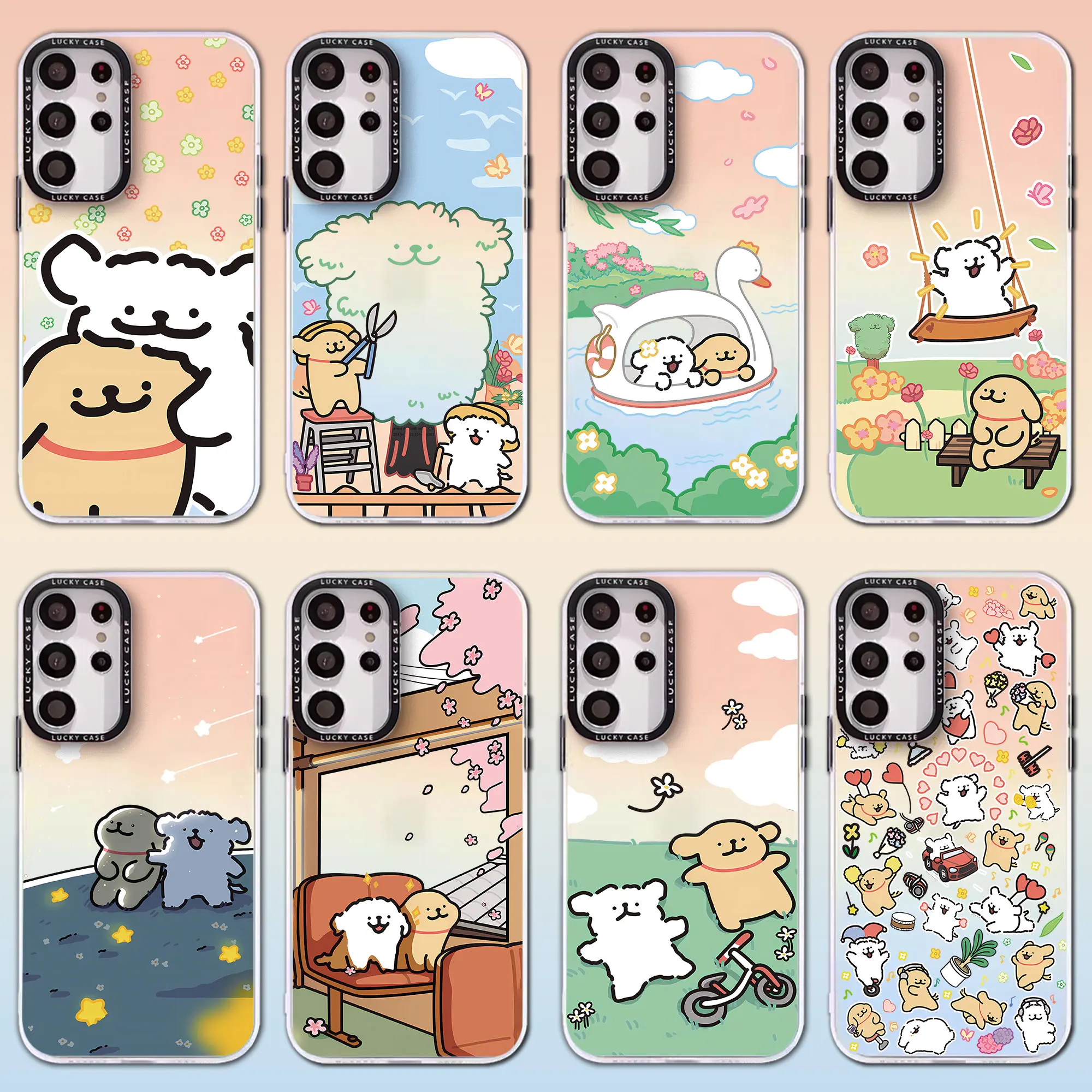 

Korea line puppy Maltese Phone Case for Samsung Galaxy S24 S23 S22 S21 S20 FE Ultra Plus 5G Matte Aurora Laser Gradient Cover