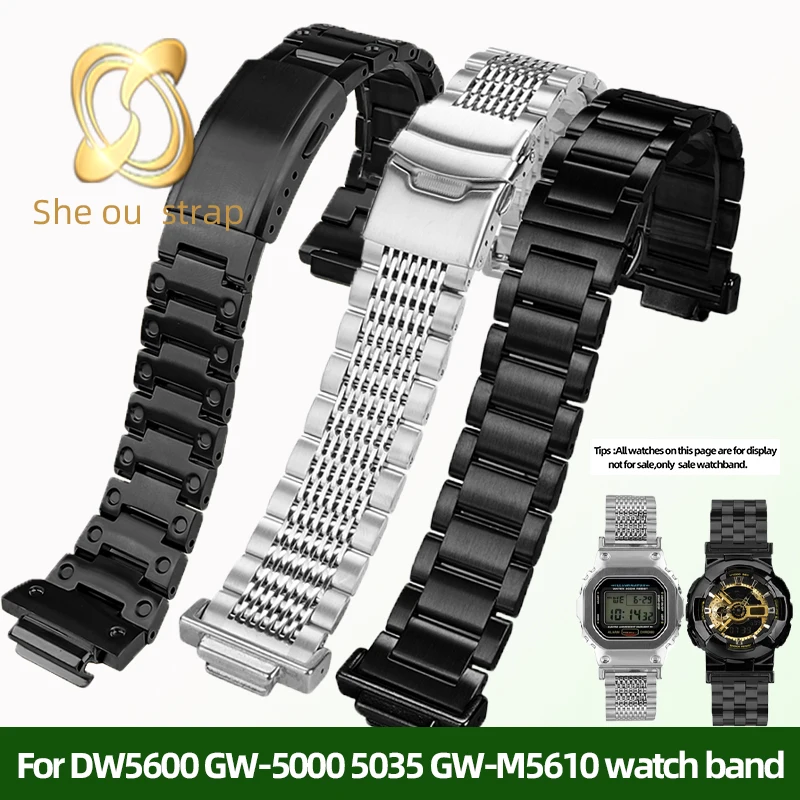 

Stainles Steel Watchband For Casio G-SHOCK DW5600 GW-5000 5035 GW-M5610 Watchstrap Silver Black 16mm Men's Watch chain