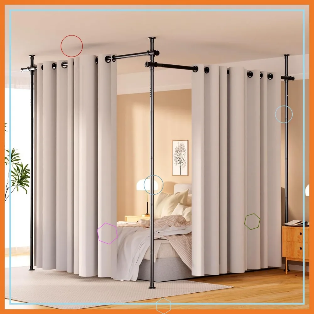 Adjustable Room Divider, No Drilling Curtain Rod for Space Separation, Heavy Duty Freestanding Partition up to 10ft Height