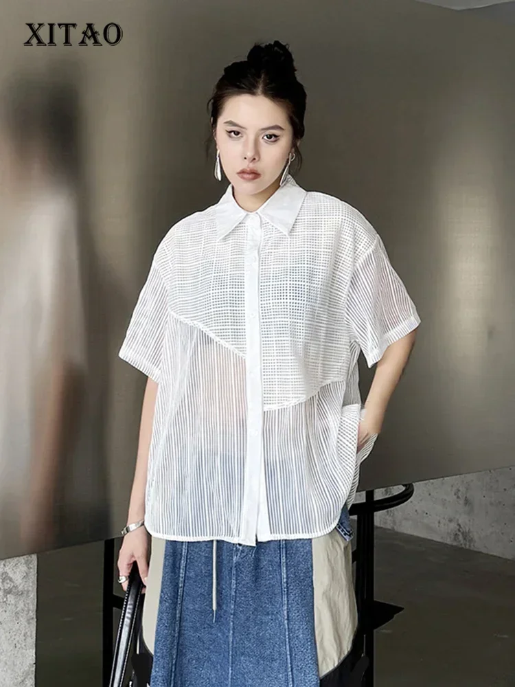 

XITAO Striped Gauze Shirt Solid Color Perspective Short Sleeve Women Irregular Top 2025 Summer Personality New Shirt ZY8868