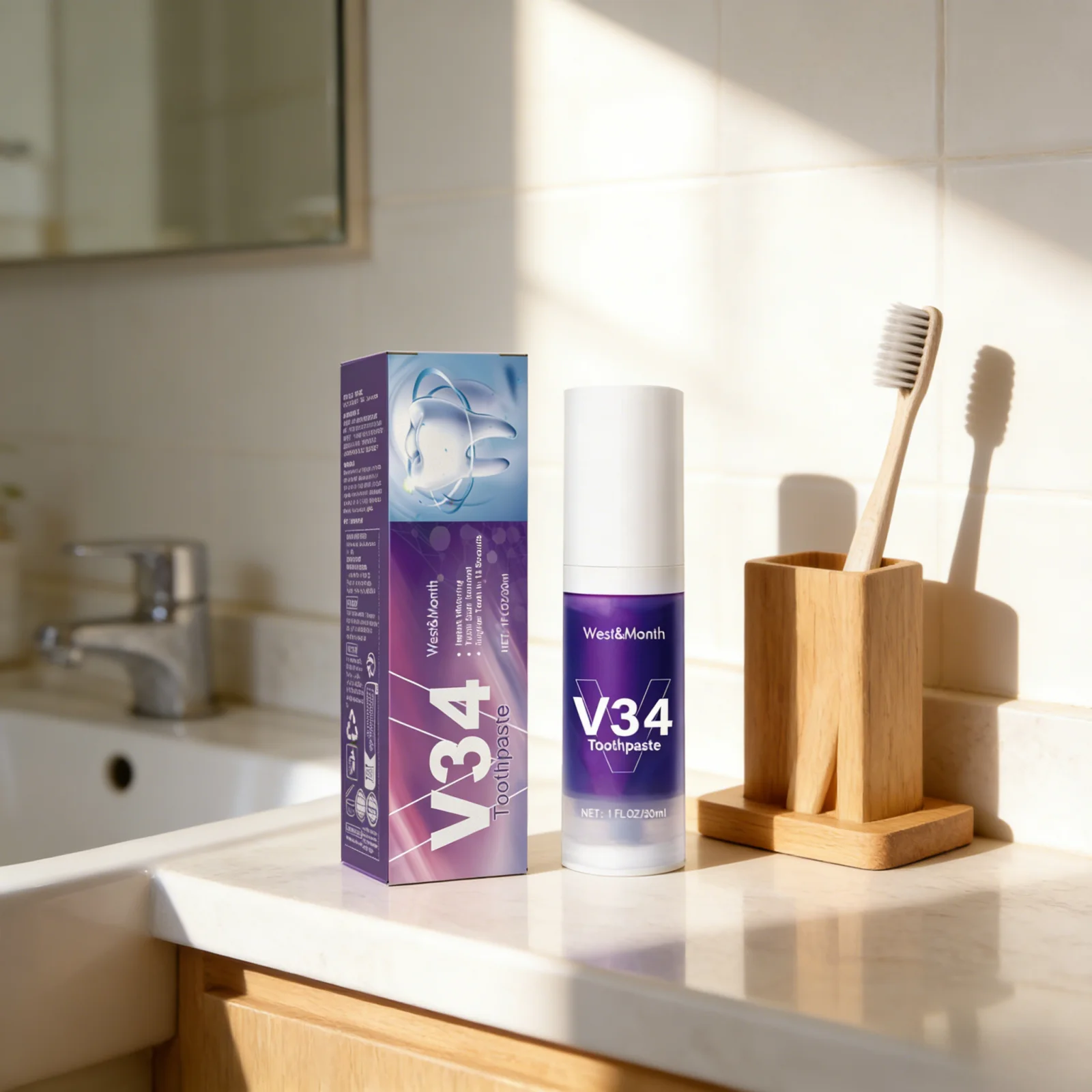 West Month V34 Teeth Whitening Toothpaste Oral Cleaning Removes Teeth Stains Fresh Breath Care Whitening Purple Toothpaste 30ml