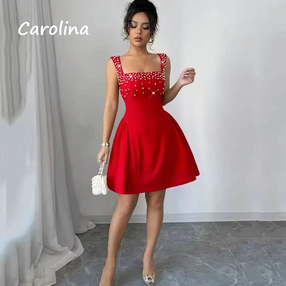 

Carolina Customized Red Mini Crepe Party Dress 2025 Pearl Sleeveless Cocktail Dress Elegant Short Prom Dress Sexy Evening Gowns