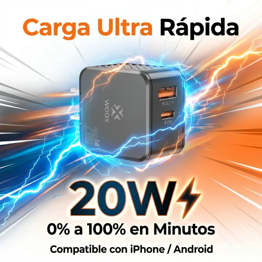 Cargador Woox GaN Tipo C Carga Rápida USB Pd 20W + QC 20W con Cable, Cargador Seguro para iPhone 17/16 y Teléfonos Android