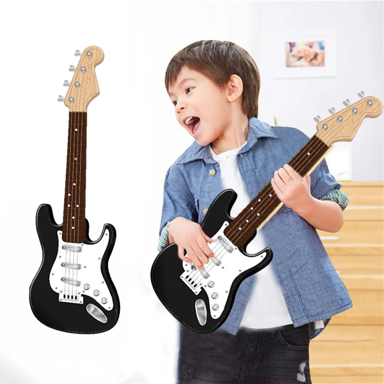 English:​ Children Electric Guitar Toy Touch Sensitive Light Up 4 Strings 8 Songs Educational Musical Toy Gift for Kids