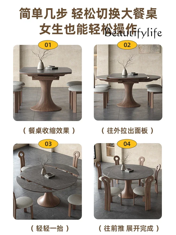 

стол кухонный Foldable round solid wood rock slab dining table and chair combination household modern simple stretch table