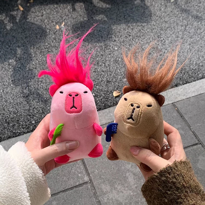 Creative Cute Capybara Keychain Fried Hair Doll Keychain For Women Girls Funny Bag Pendant Accessories Stuffed Animal Keyring