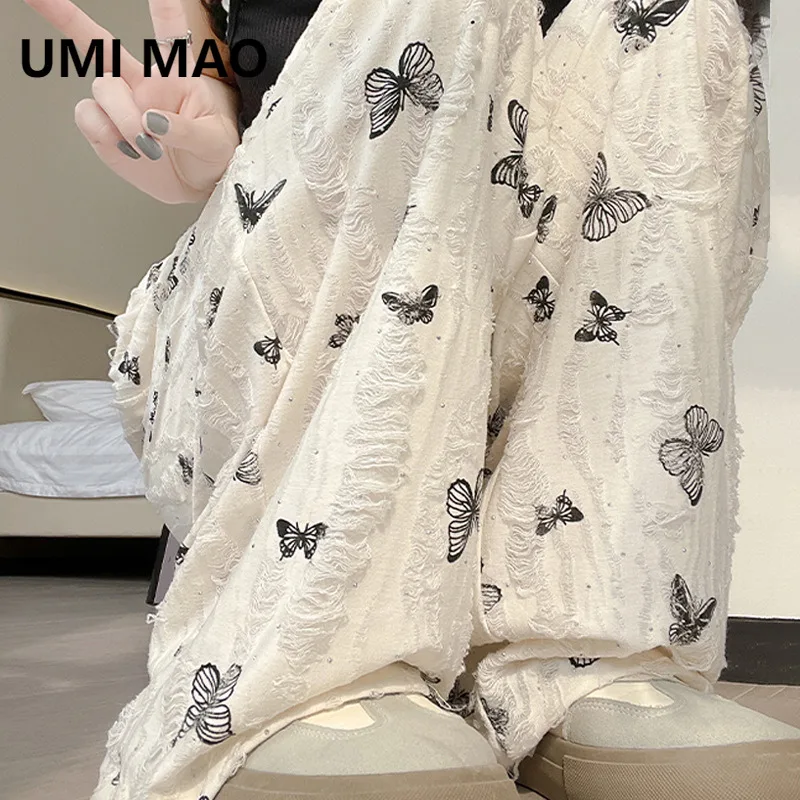 UMI MAO Butterfly Print Ripped Ice Silk Wide-Leg Pant Women Summer High Waist Lazy Draped Straight-Leg Floor-Length Pants