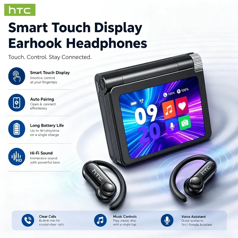 HTC NE80 Wireless Headphones Smart Touch Control HD LED Display Open-back Earbuds Long Battery In Mic Sports Bluetooth Earphones
