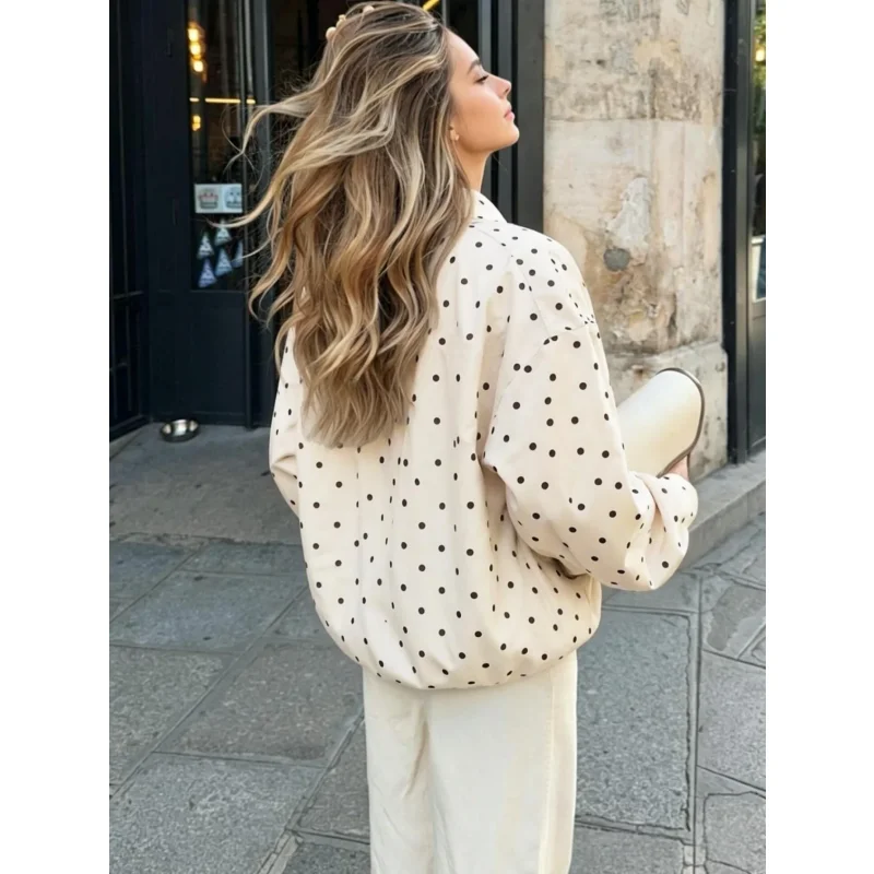 2026 Autumn Women Polka Dot Pilot Jacket Zipper Loose Fit Vintage Streetwear Chic Leisure Female Outerwear Coat Female Jacket