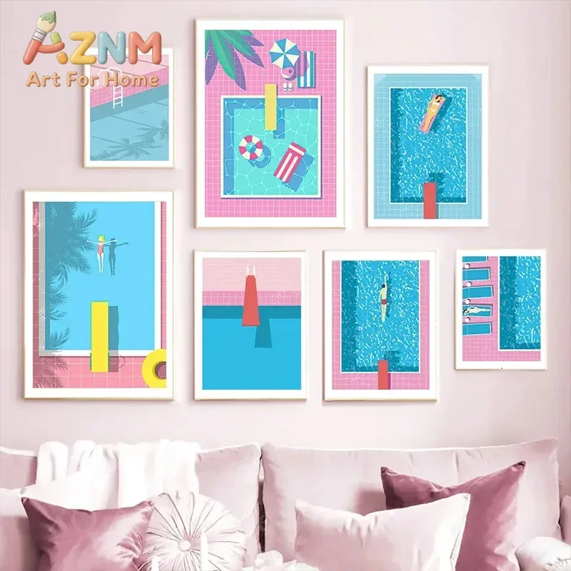Nordic Blue Swim Pool Party Art Poster Print Woman Leisure Life Vacation Diving Canvas Painting Mural Bathroom Swim Home Deco