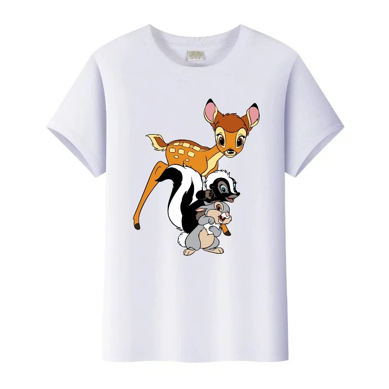 لطيف ديزني بامبي الرسومات تي شيرت المتضخم الفتيات أفضل النساء Harajuku التي شيرت الأبيض الأسرة الرجال بلوزة الأطفال قصيرة الأكمام تيز