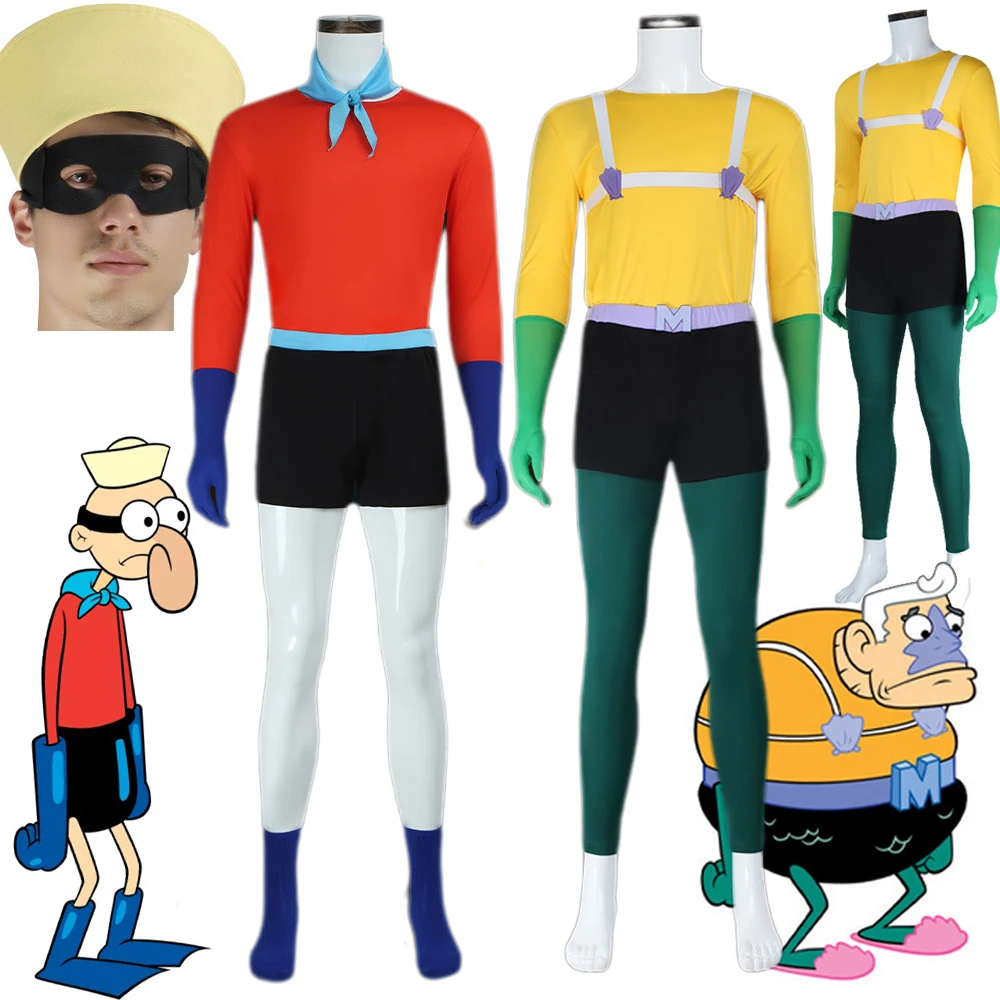 

Anime Mermaid Man Cosplay Costume Barnacle Boy Outfit Set Sponge Cartoon Bob Superhero Adult Men Funny for Halloween Cos Suit