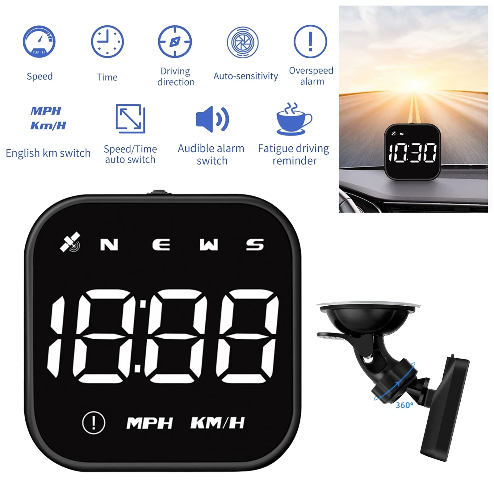 HUD digital GPS Speedometer Head-up display MPH speeding alarm Multi-function speedometer Compass HD display General Motors