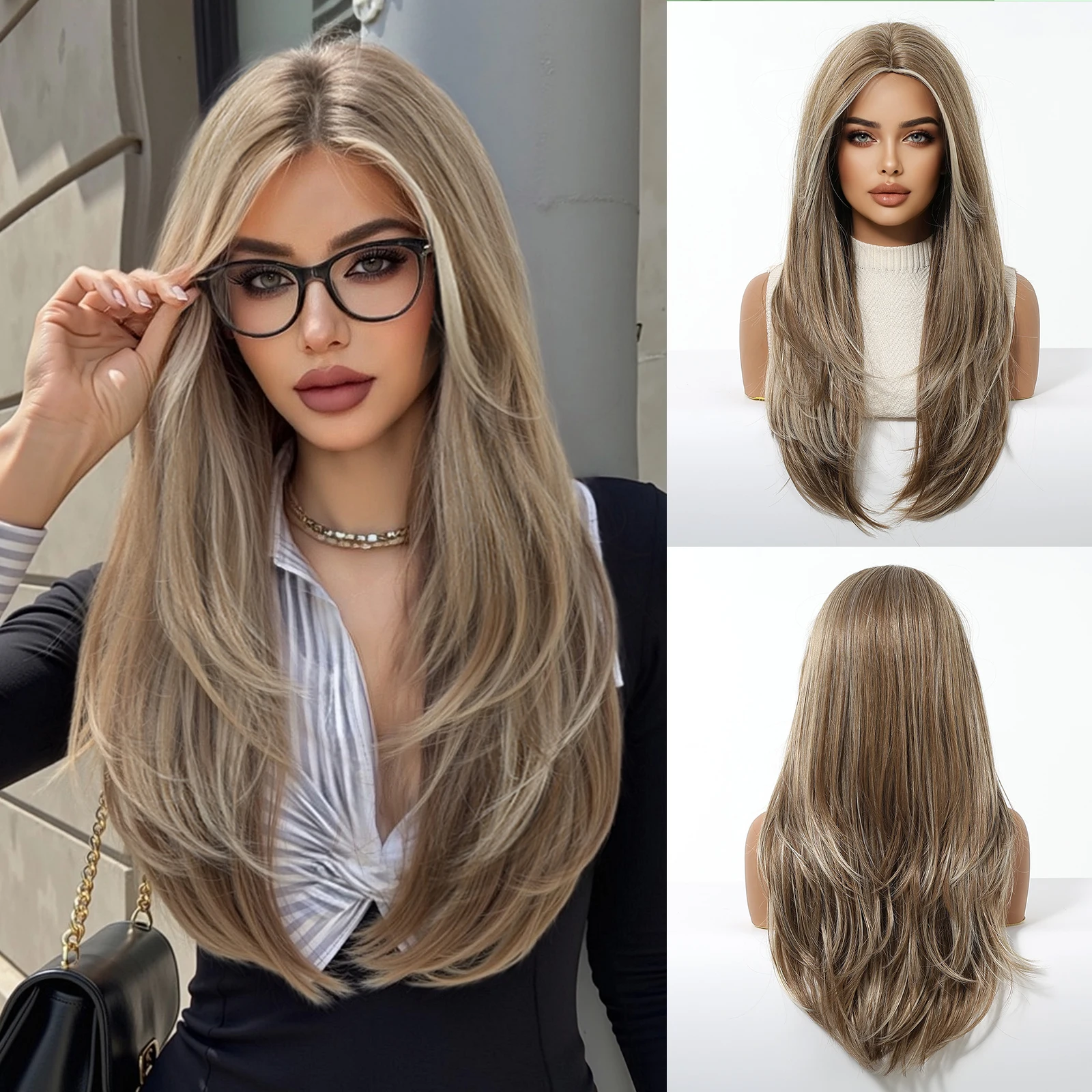 EASIHAIR Lange blonde synthetische Perücken für Frauen, gerade, geschichtete Naturhaar-Perücken mit Pony, hitzebeständige Perücken für den täglichen Gebrauch – Detail 12