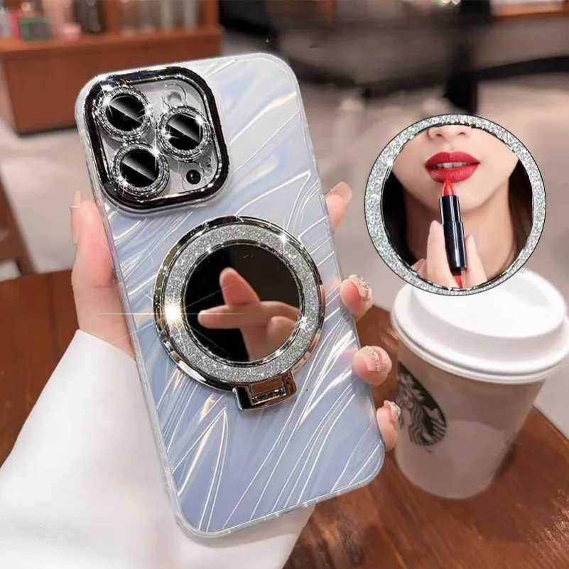 Luxury Mirror Magnetic Holder Phone Case For iPhone 11 12 13 14 Pro 15 Pro Max Plus Magsafe Water Ripple Shockroof Glitter Cover