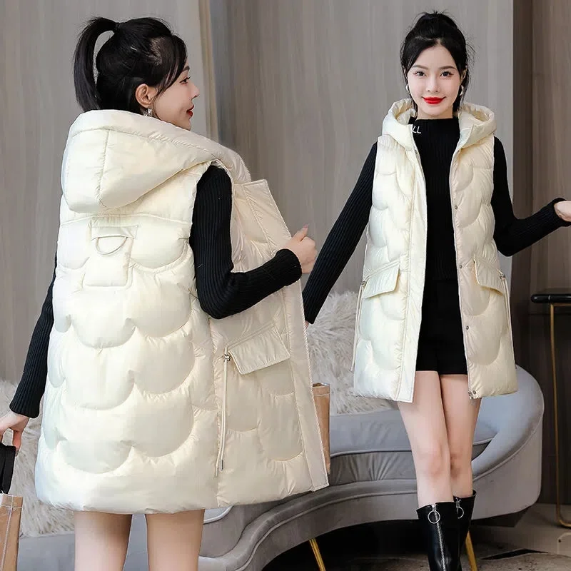 Gilet en duvet de coton pour femmes, mi-long, à capuche, Surface brillante, sans lavage, vêtement d'extérieur, nouvelle collection automne et hiver 2022