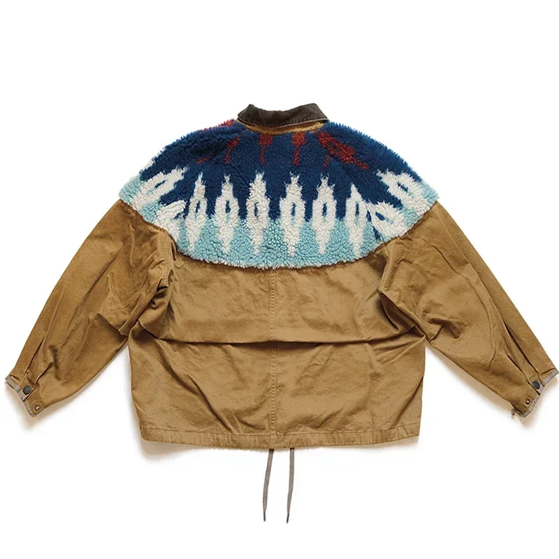 KAPITAL Hirata Hohiro Two Color Fleece Print Stitching Half Zipper Lapel Loose Jacket for Men and Women Black Khaki Hoodies