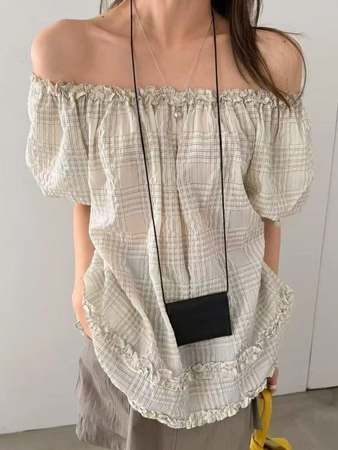 

Summer 2026 Women's Vintage Plaid One-Shoulder Loose Fit Shirt Trendy Two-Way Wear Sleeve Korean Style Top