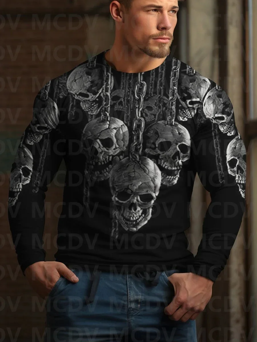 Men's Skull Ghost Halloween 3D Printed Long Sleeve T-Shirt Halloween Shirts