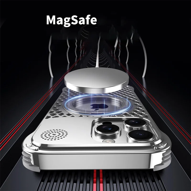 حافظة هاتف معدنية لتبديد الحرارة لهاتف آيفون 14 15 16 برو ماكس Magsafe غطاء حامل من سبائك الألومنيوم المغناطيسي لهاتف آيفون 16 برو ماكس