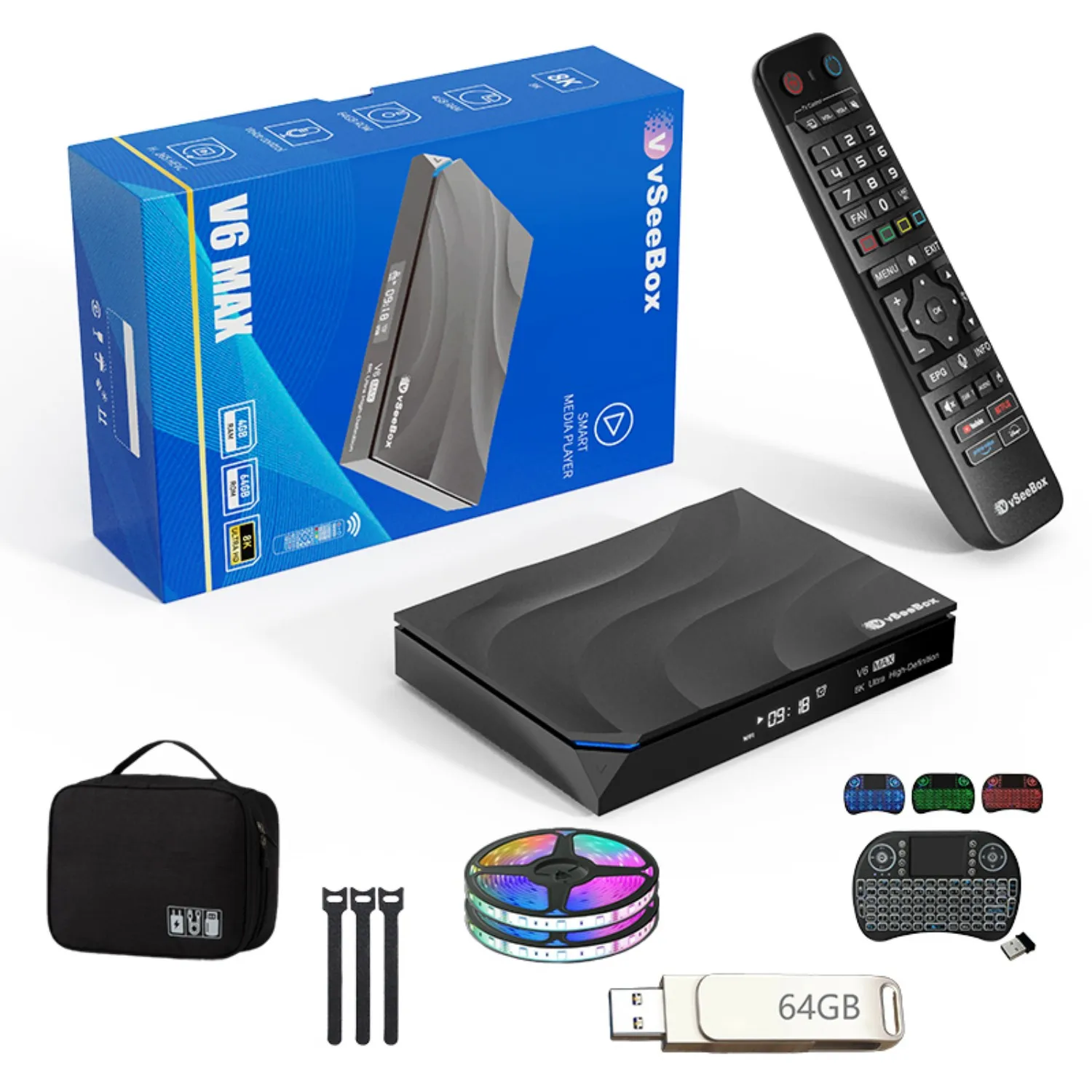 Vseebox V6 Max 8K Android 14 TV Box Complete Accessory Kit, 4GB RAM 64GB Storage, WiFi 6, Bluetooth Voice Remote, Low-Light Keyboard Remote, 64GB USB Drive, HDMI Cable