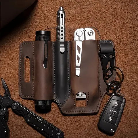 Multitool Sheath for Belt, Sheath for Men, PU Leather EDC Pocket Organizer with Pen Holder, Key Fob, Flashlight Sheath
