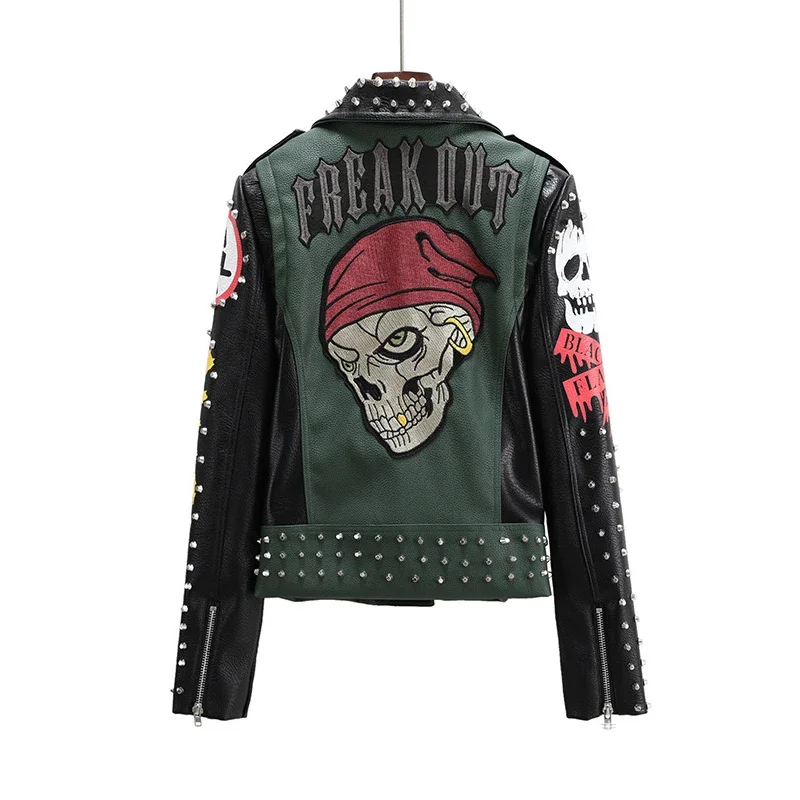 Imagem -04 - Jaqueta de Couro Falso Cortada para Mulheres Streetwear Punk Jaqueta de Motocicleta Patchwork Estampado Grafite Tendência 2024