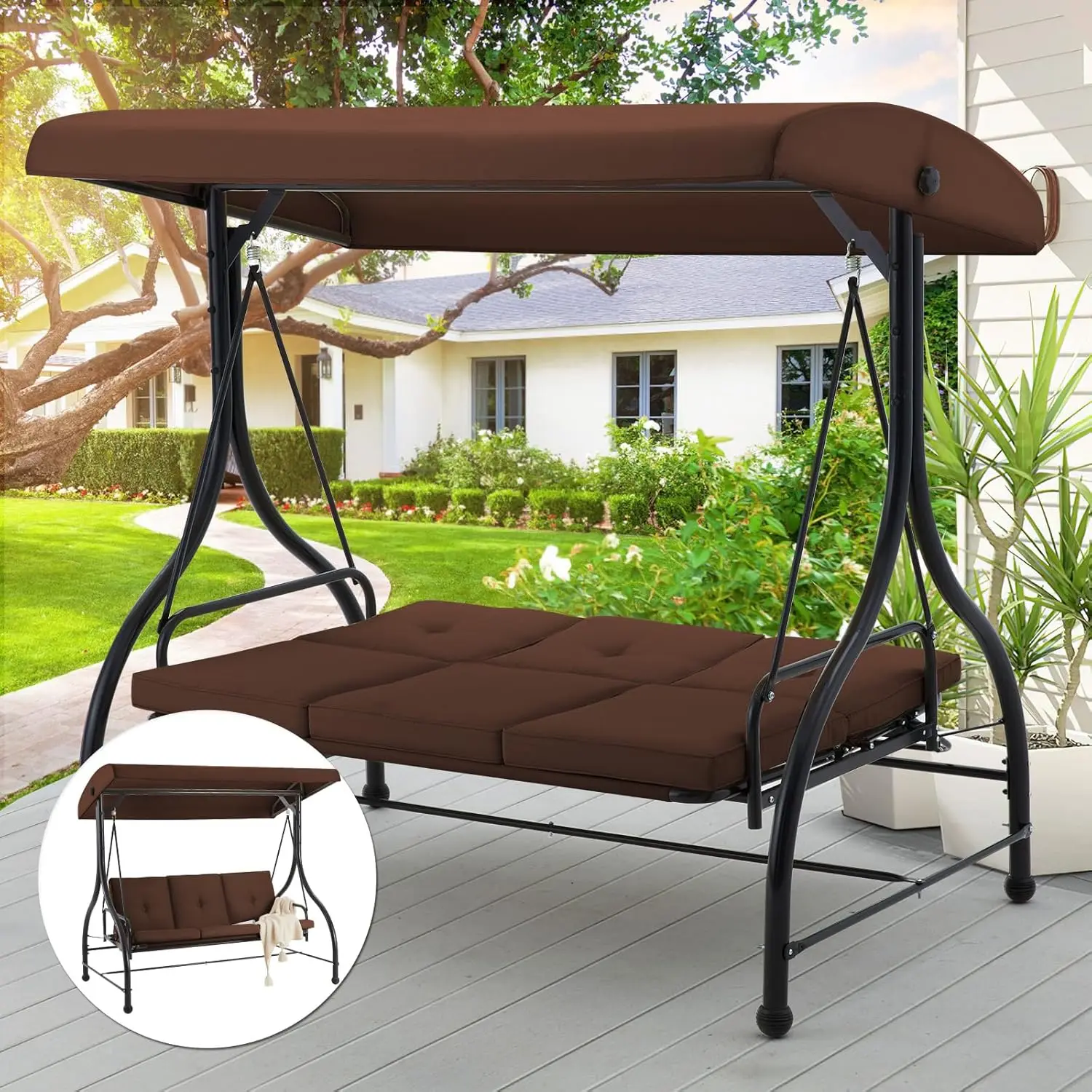 

3 Seat Outdoor Patio Swing Chair Converting Swing Glider Canopy Hammock Adjustable Backrest and Canopy Removable Cushions