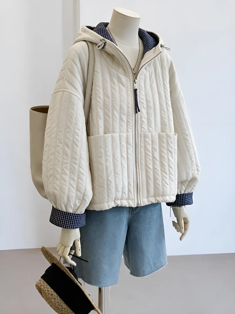 Young Stylish Lightweight Fleece Lined Cotton Jacket Women's Loose Fit Short Hooded Coat Casual Comfortable Warm Polyester