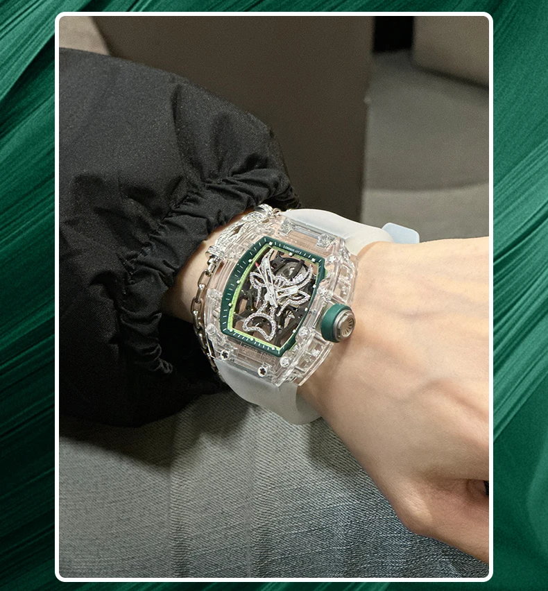 CRONUSART orologio automatico da uomo 50mm Luxury Tonneau orologio da polso meccanico cassa in zaffiro cinturino in Silicone liquido luminoso quadrante blu