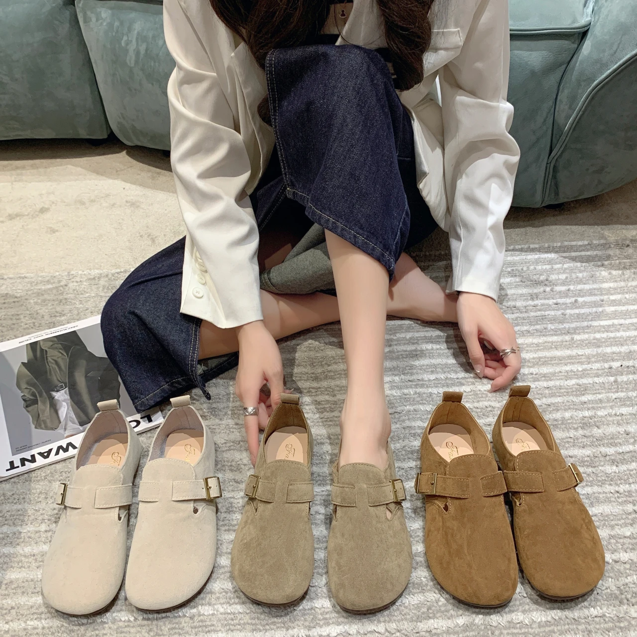 2023 new women's shoes Sen series khaki flat shoes French retro single shoes Lefu shoes frosted boken shoes Autumn and winter