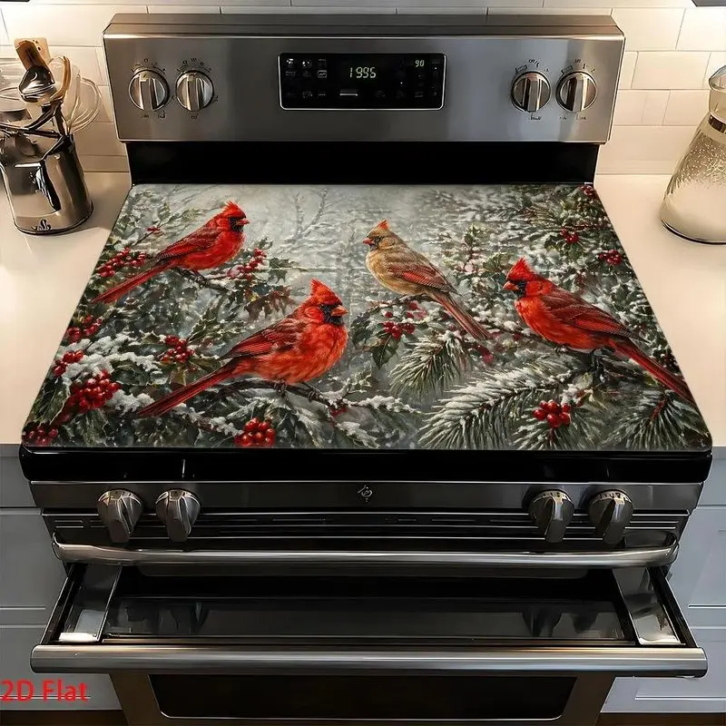 VIKAMA Cardinal Bird Stove Cover Mat Winter Snow Print Heat Resistant Cooktop Cover For Kitchen Holiday Christmas Decor