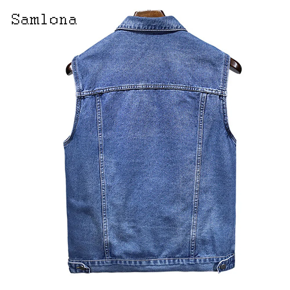 Samlona 2024 Men Vintage Pocket Denim Tank Tops Men's Sleeveless Basic Jean Outerwear Lepal Collar Fashion Basic Jeans Vest New