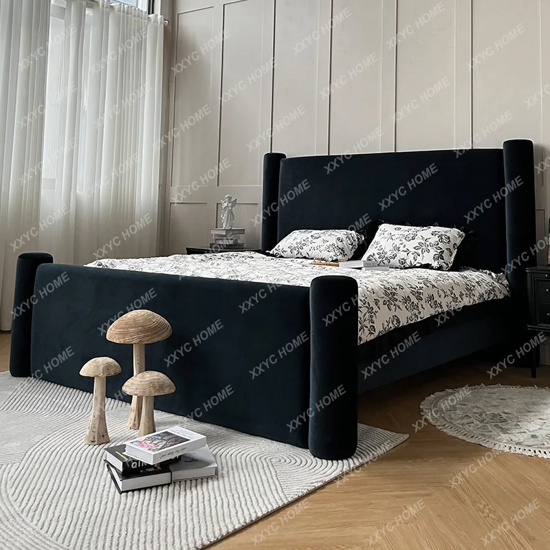 

CX navy blue fabric retro wind soft bag bed wabi sabi master bedroom double bed
