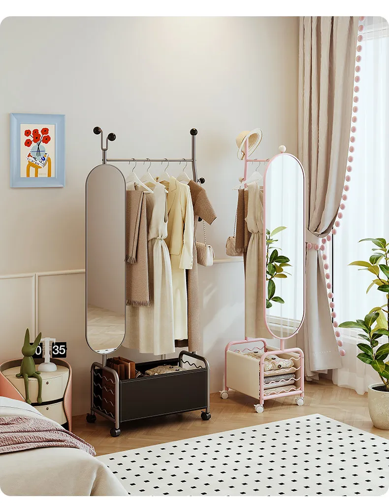 

Movable full-body mirror Hanging hanger integrated bedroom Rotating full-length mirror Household dopamine floor hanger with