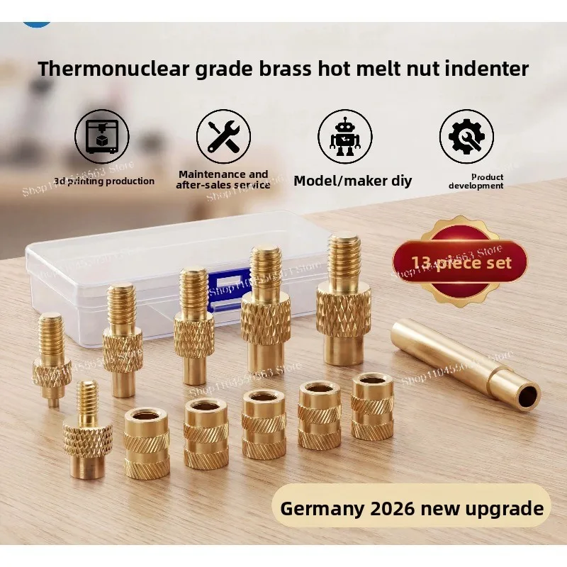 Plastic Pre-embedded Hot Melt Nut Insertion Soldering Iron, Complete Set of Brass Hot Press Punches in Multiple Sizes